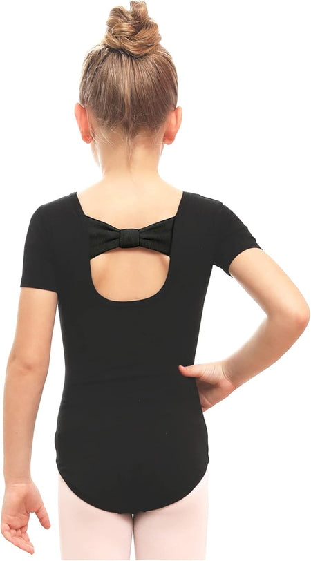 Girls Bow Back Short Sleeve Leotard for Dance, Gymnastics and Ballet